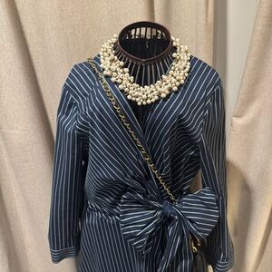 Lafayette 148 NY Striped Cotton Wrap Midi Dress Navy Blue Size 12 Professional